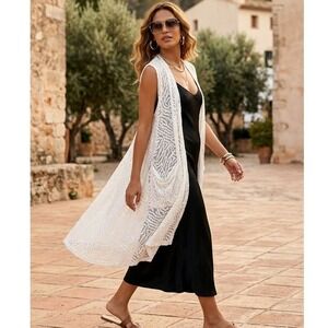 White Lace Sz M Sleeveless Swim Cover Up Vest Open Front Duster Pockets